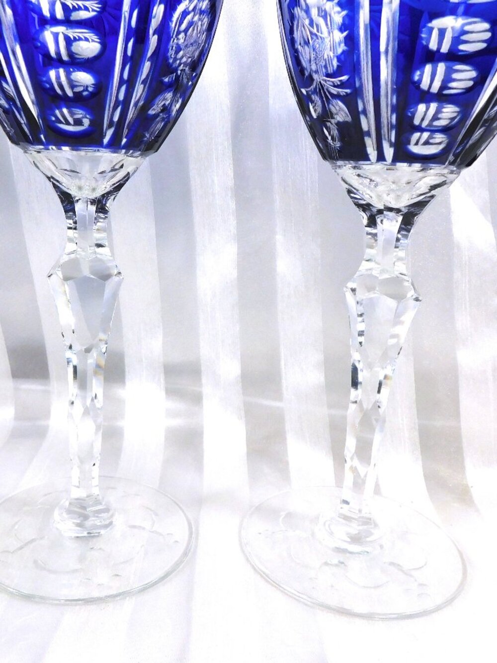 Set of Eleven Matching Blue Cut to Clear Stemware Glasses  # 26749